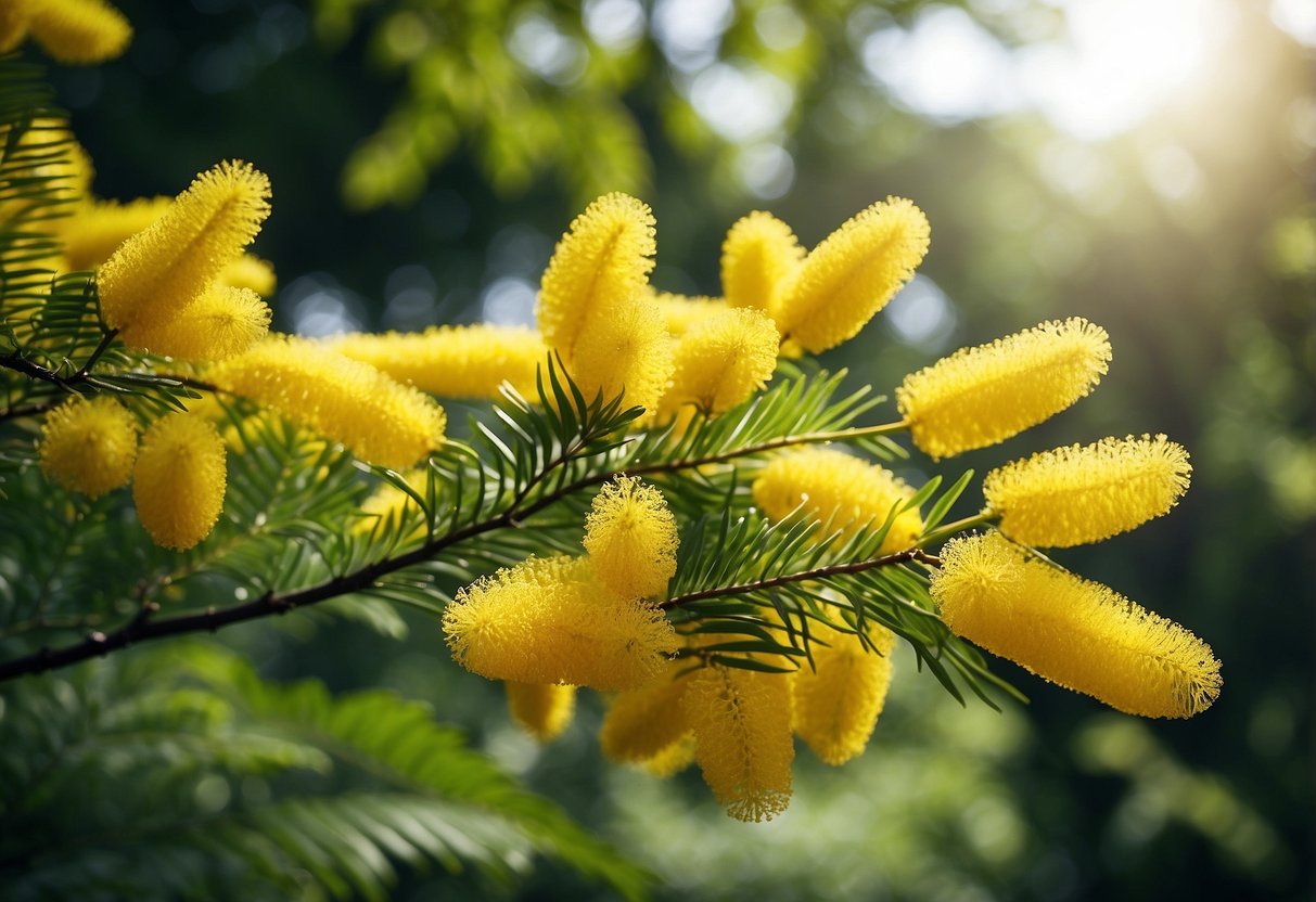 Mimosa tree with yellowing leaves, surrounded by healthy green foliage, in a sunny garden setting