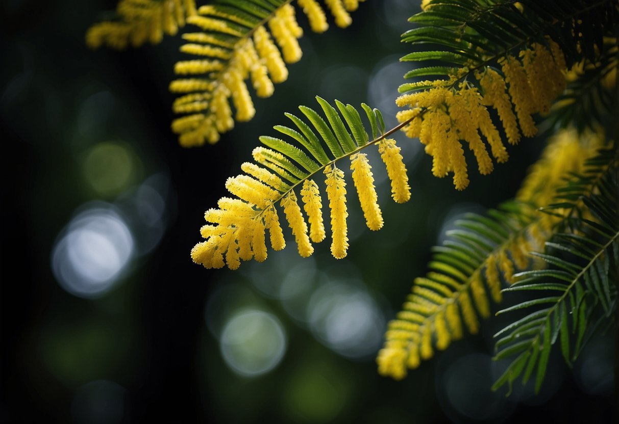 The vibrant green leaves of the mimosa tree slowly turning a pale yellow, creating a striking contrast against the dark bark and surrounding foliage
