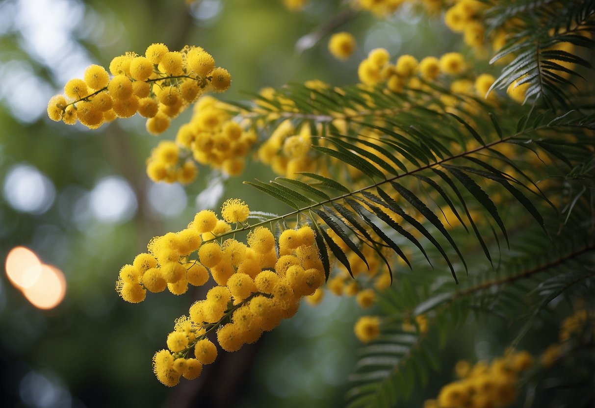 Mimosa leaves turning yellow, surrounded by cultural symbols for healthy growth