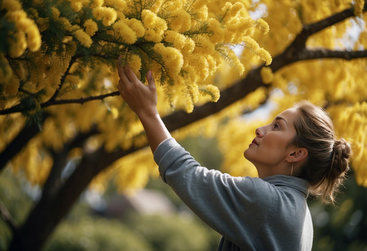 A person gently watering a struggling mimosa tree, with yellow leaves turning green again