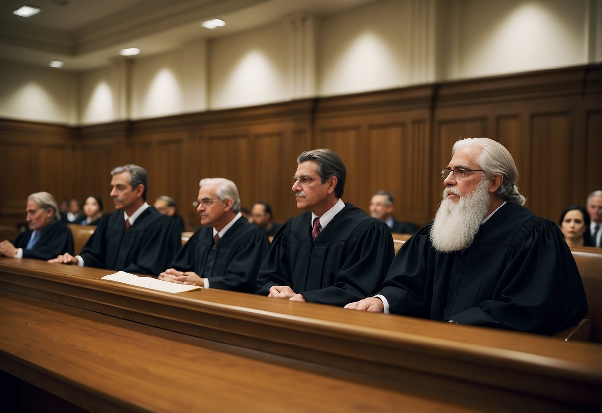 A courtroom with judges and lawyers, discussing public market dispute resolution