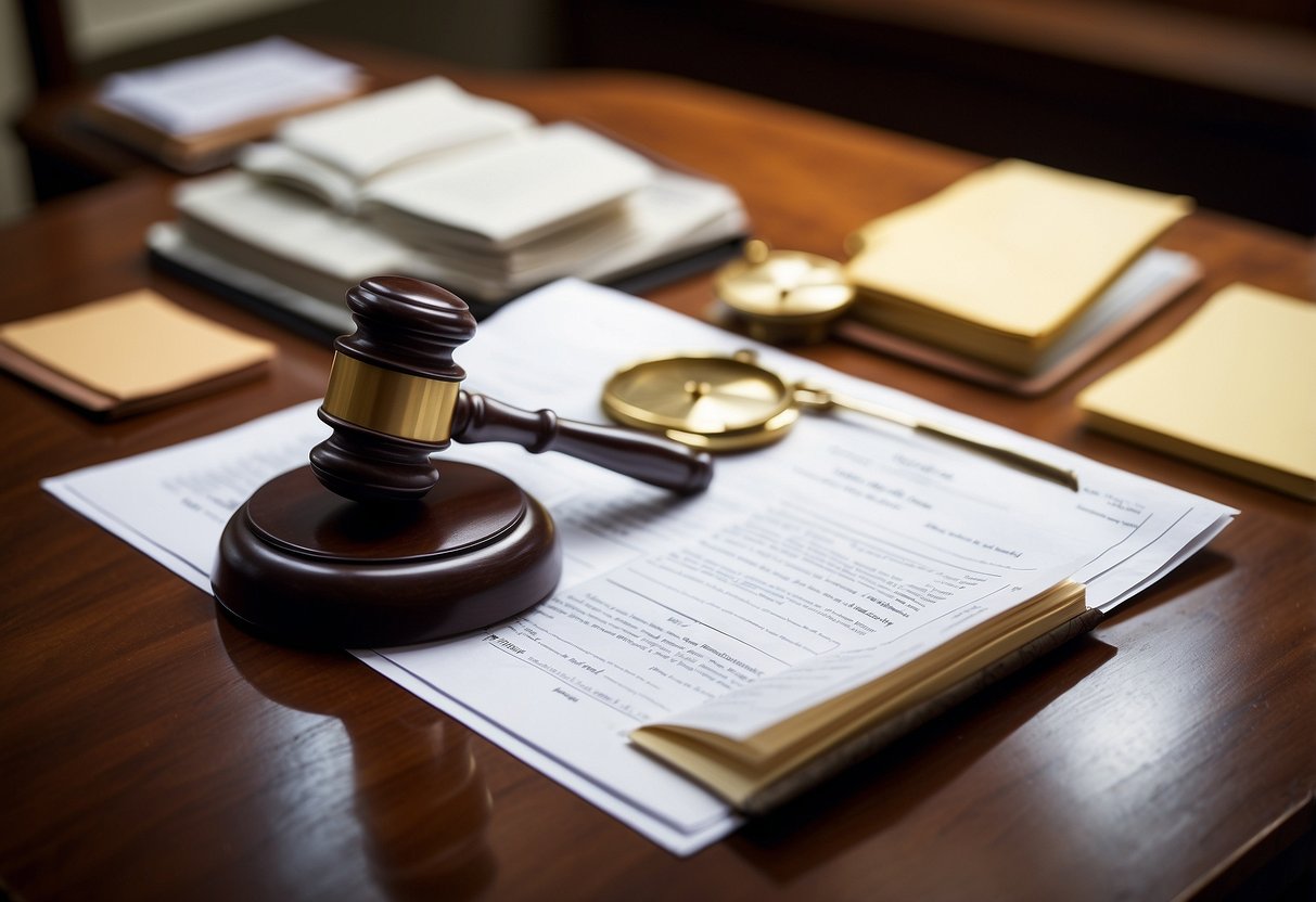 A courtroom with legal documents and a scale representing the theory of unjust enrichment in public procurement