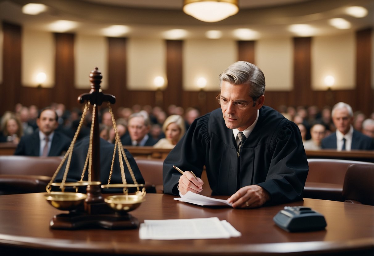 A courtroom scene with legal documents, scales of justice, and a group of people discussing public contracts and the theory of unjust enrichment