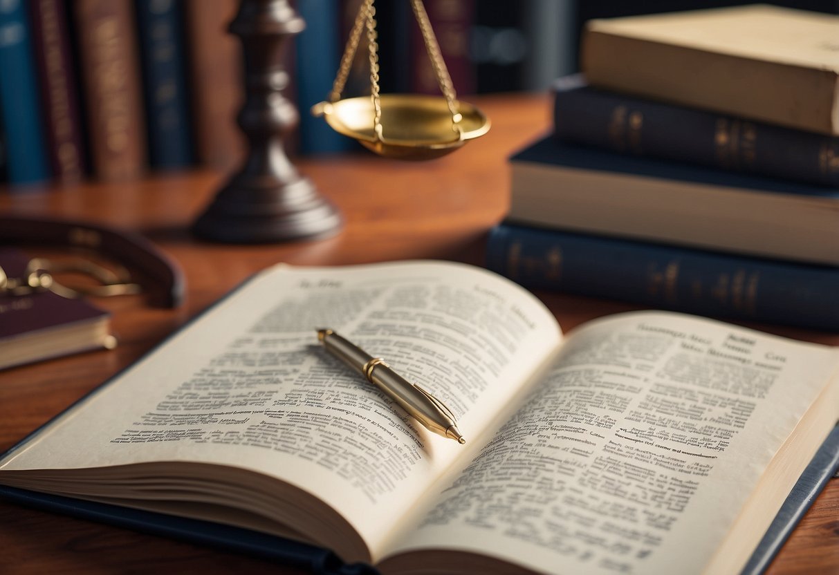 A legal textbook open on a desk, with highlighted sections on "enrichment without cause" and "public markets." A stack of papers and a pen sit nearby