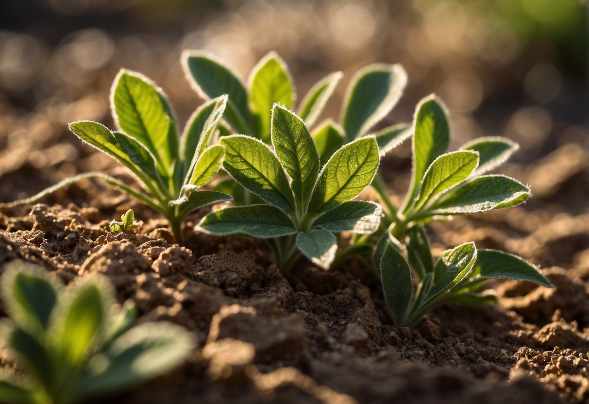 Santolina leaves yellowing, scattered on dry soil. Sunshine highlights the fading green, creating a contrast of colors