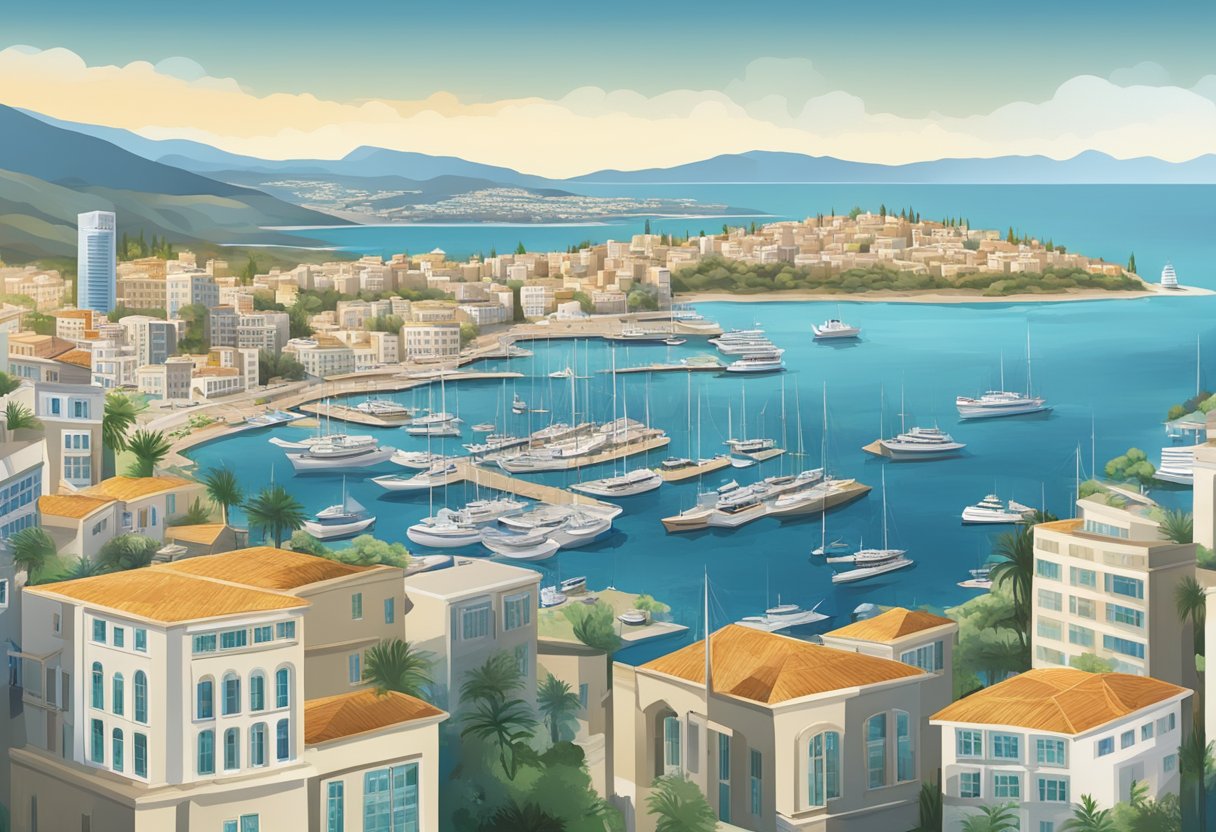 A bustling cityscape with modern office buildings and financial institutions, surrounded by a picturesque coastline and bustling port, symbolizing the rise of private equity in Cyprus