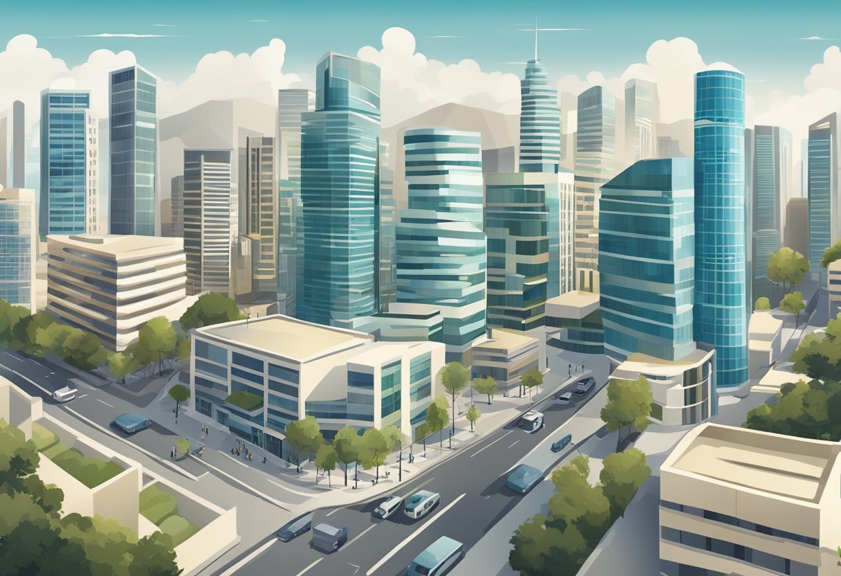 A bustling cityscape with modern office buildings and financial institutions, symbolizing the emergence and rise of private equity in Cyprus
