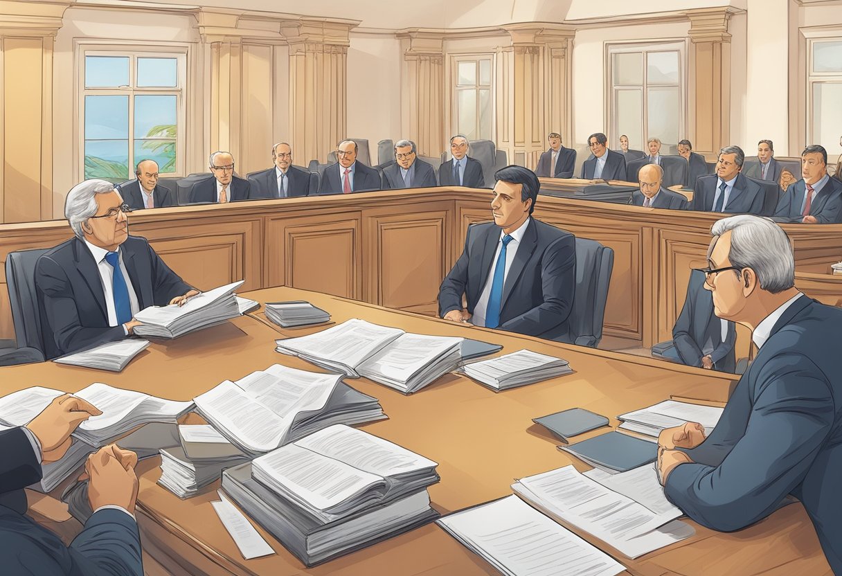 A courtroom with judges and lawyers discussing private equity regulations in Cyprus. Documents and legal books scattered on the table