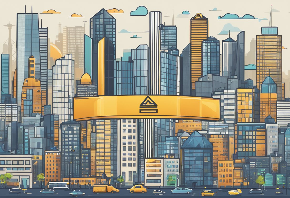 A bustling city skyline with various sector logos and financial charts in the background, while a private equity firm's logo stands out in the foreground
