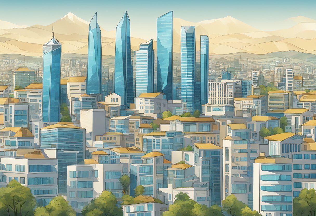 A bustling city skyline with financial institutions and corporate buildings, representing the growth of private equity in Cyprus