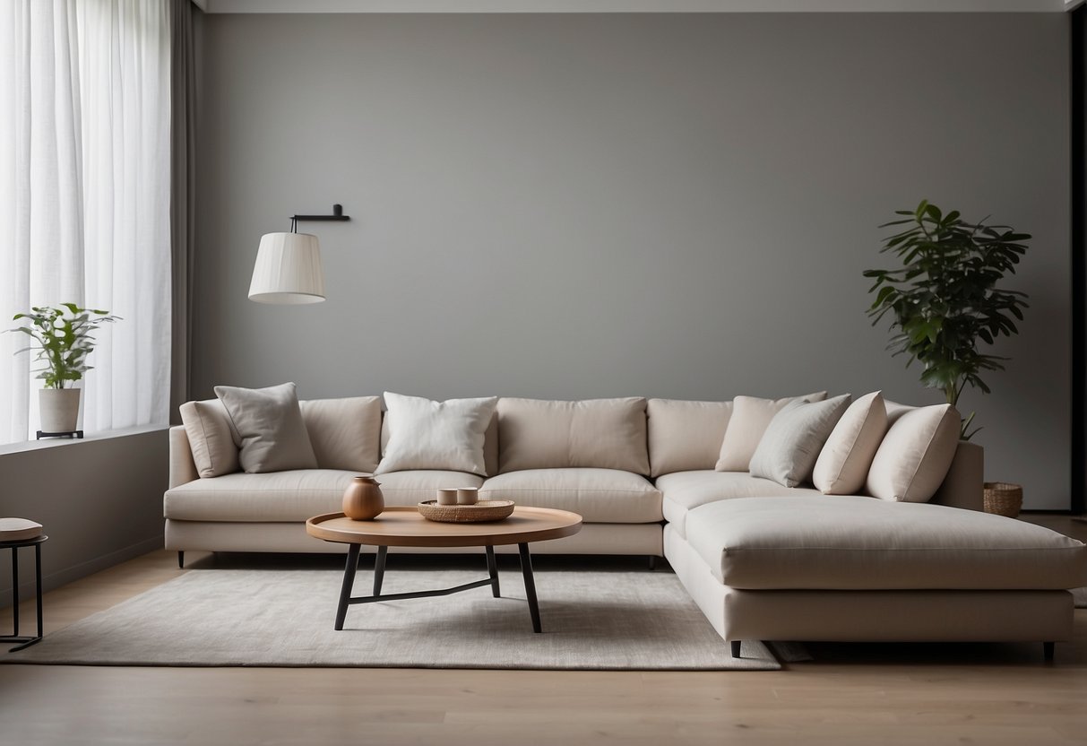 Ein minimalistisches Wohnzimmer mit Muji-Möbeln. Klare Linien, neutrale Farben und schlichtes Dekor. Ein niedriger Couchtisch, Bodenkissen und ein elegantes Sofa