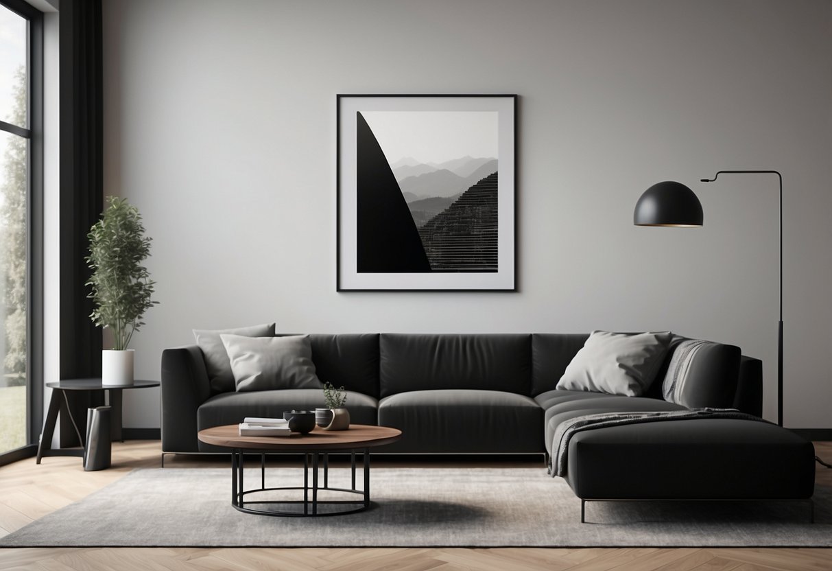 Ein minimalistisches Wohnzimmer mit schwarz-weißen Kunstwerken, klaren Linien und einfachen Möbeln