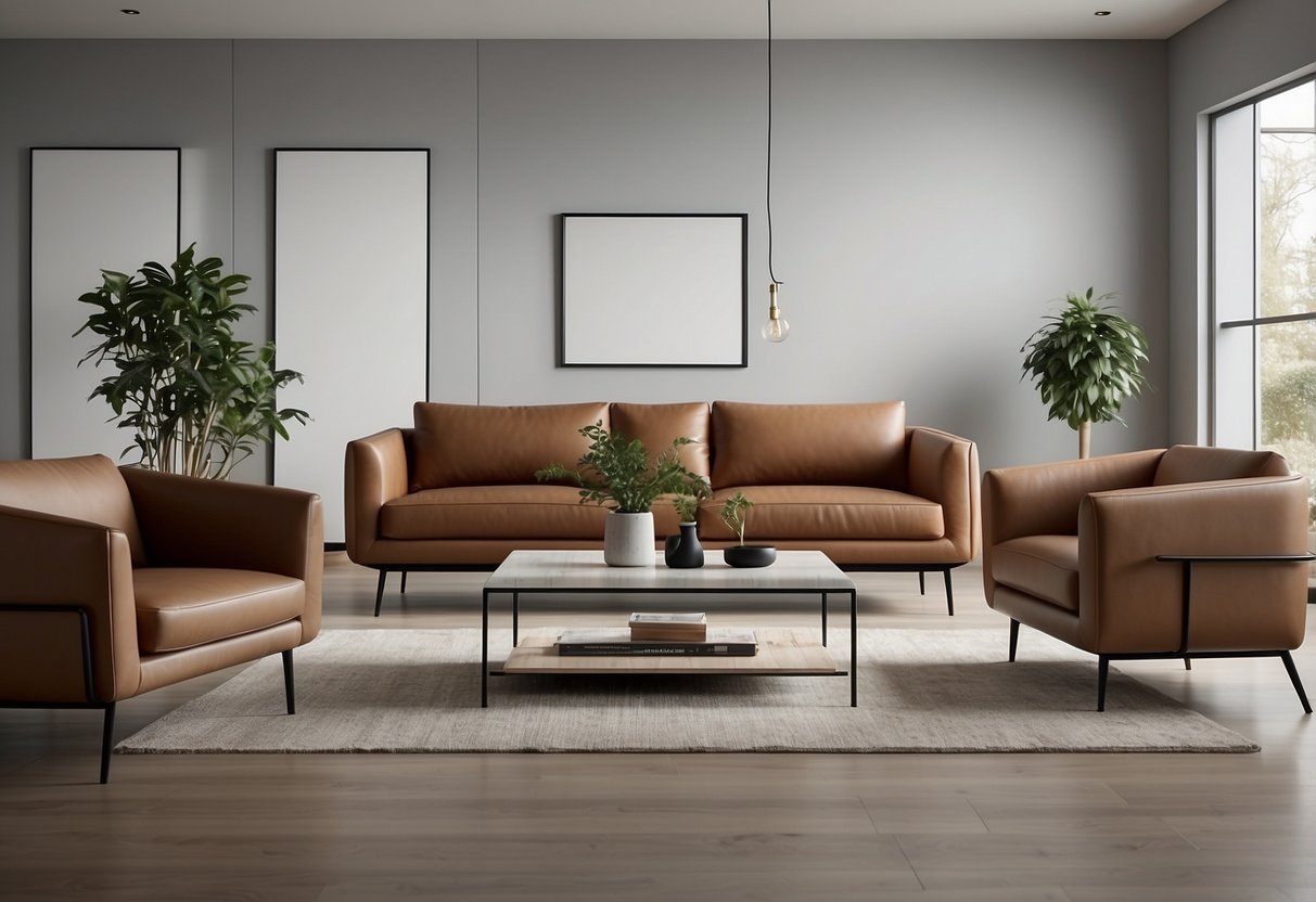 Ein minimalistisches Wohnzimmer mit 30 ordentlich angeordneten Ledersofagarnituren. Klare Linien, neutrale Farben und schlichtes Dekor schaffen eine moderne und elegante Atmosphäre