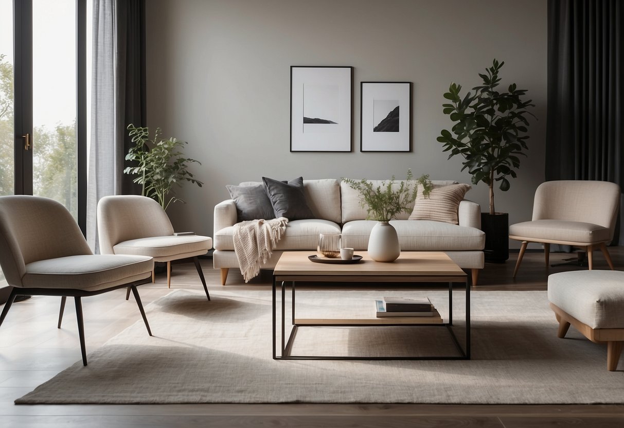 Minimalistisches Wohnzimmer mit einfachen Couchtischen und klaren Linien. Neutrale Farben und natürliches Licht schaffen eine ruhige Atmosphäre