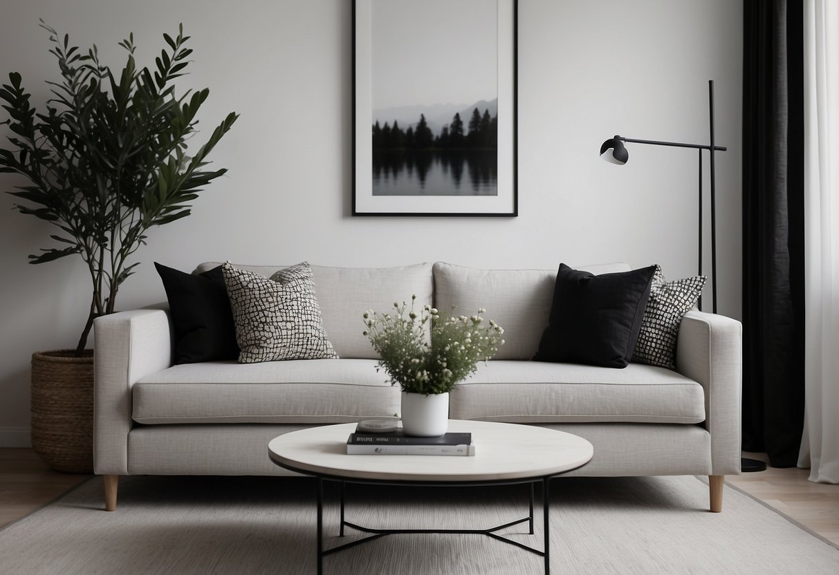 Ein minimalistisches Wohnzimmer mit einem einfarbig gemusterten Kissen auf einem schlichten, modernen Sofa. Einfaches, elegantes Dekor und neutrale Farben dominieren den Raum