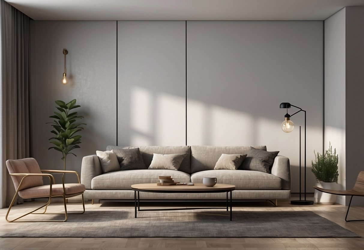 Ein einfaches, modernes Wohnzimmer mit minimalistischen Möbeln und einem eleganten, aufgeräumten Design. Eine Uhr an der Wand verleiht einen Hauch von minimalistischem Stil