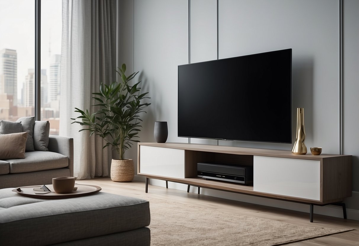 Ein schwebendes TV-Board in einem minimalistischen Wohnzimmer mit klaren Linien und schlichtem Dekor