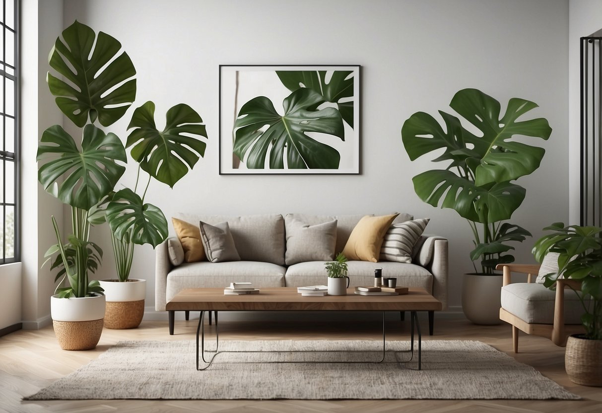 Üppige Monstera- und Ficus-Pflanzen schmücken ein minimalistisches Wohnzimmer mit klaren Linien und neutralen Tönen