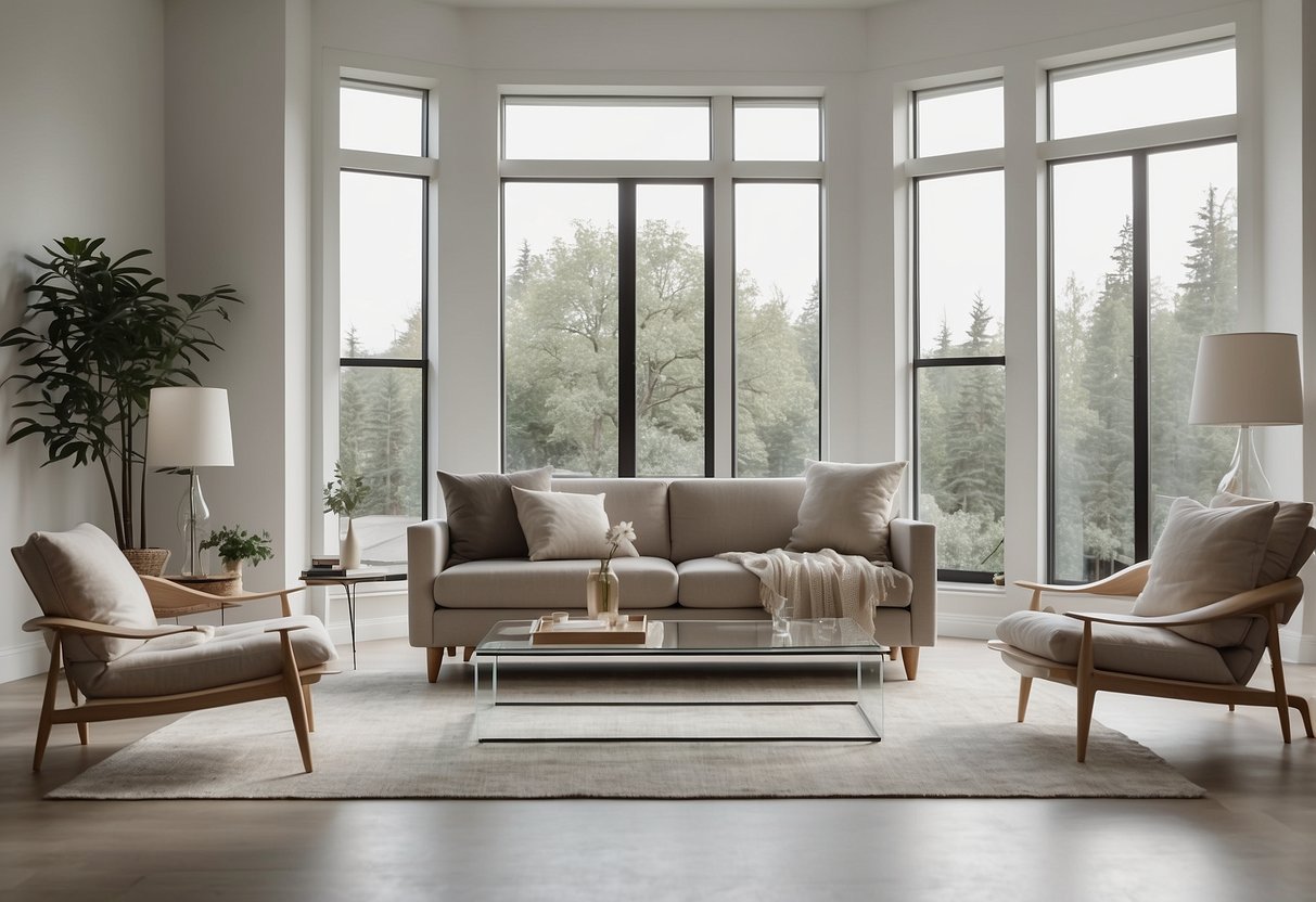 Ein minimalistisches Wohnzimmer mit klaren Acrylmöbeln und neutralen Farbtönen. Klare Linien, offene Räume und natürliches Licht schaffen eine ruhige Atmosphäre