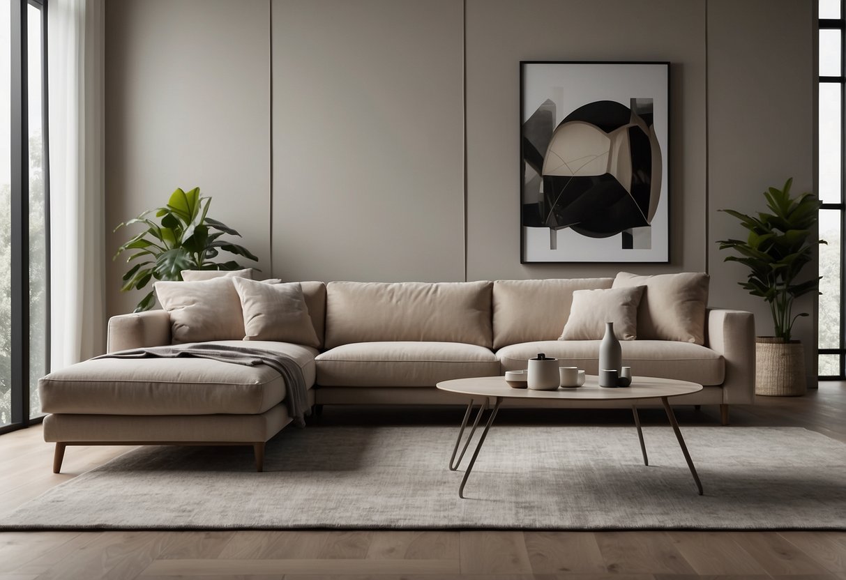 Taupefarbene Sofas in einem minimalistischen Wohnzimmer