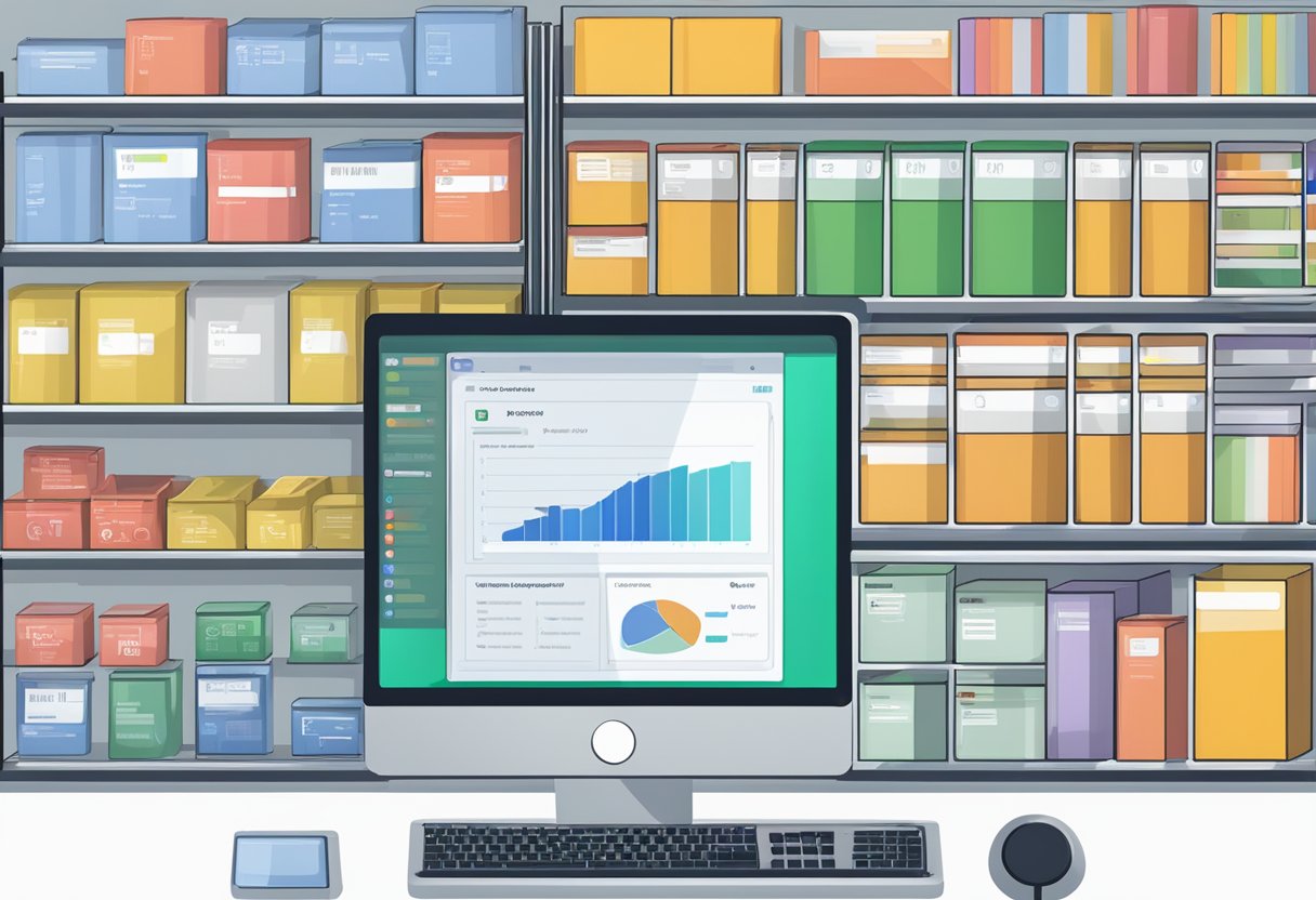 A computer screen displays a user-friendly interface with various inventory management tools. Barcodes, product descriptions, and quantity fields are visible