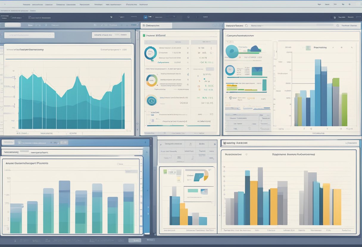 A computer screen displaying inventory accounting software with advanced features. Graphs and charts show optimized operations