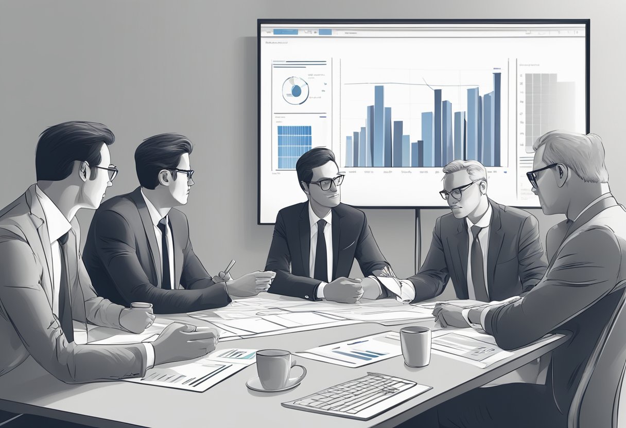 A group of managers gather around a table, discussing and strategizing with charts, graphs, and data displayed on a large screen