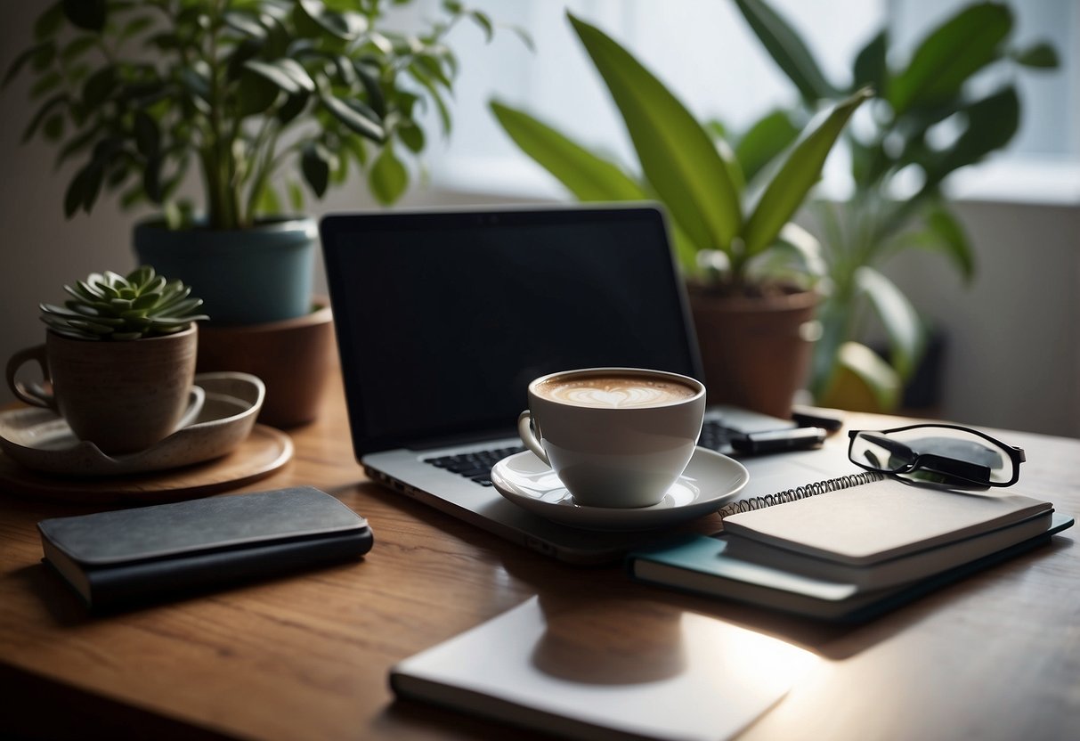 Ein aufgeräumter Schreibtisch mit Laptop, Notizbuch und Stift. Eine Pflanze, eine Tasse Kaffee und ein Buch über finanzielle Freiheit