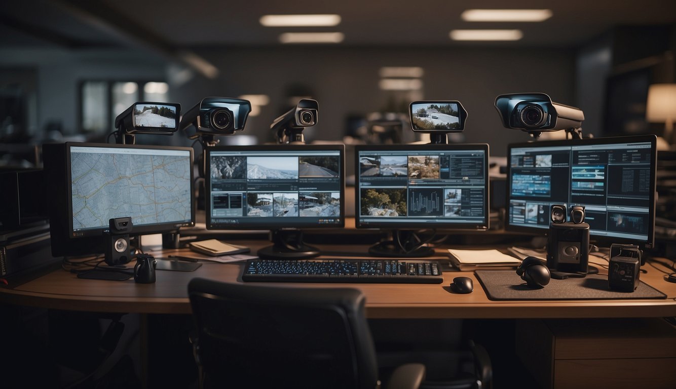 A desk cluttered with surveillance equipment, maps, and case files. A computer screen displays a live feed of a remote location