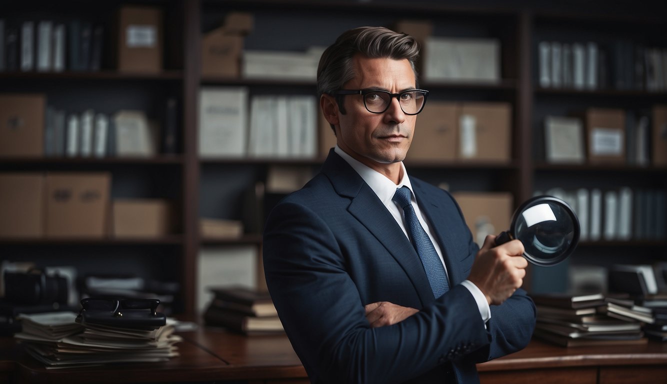 A private investigator in a sharp suit, standing confidently with a magnifying glass in hand, surrounded by files and evidence