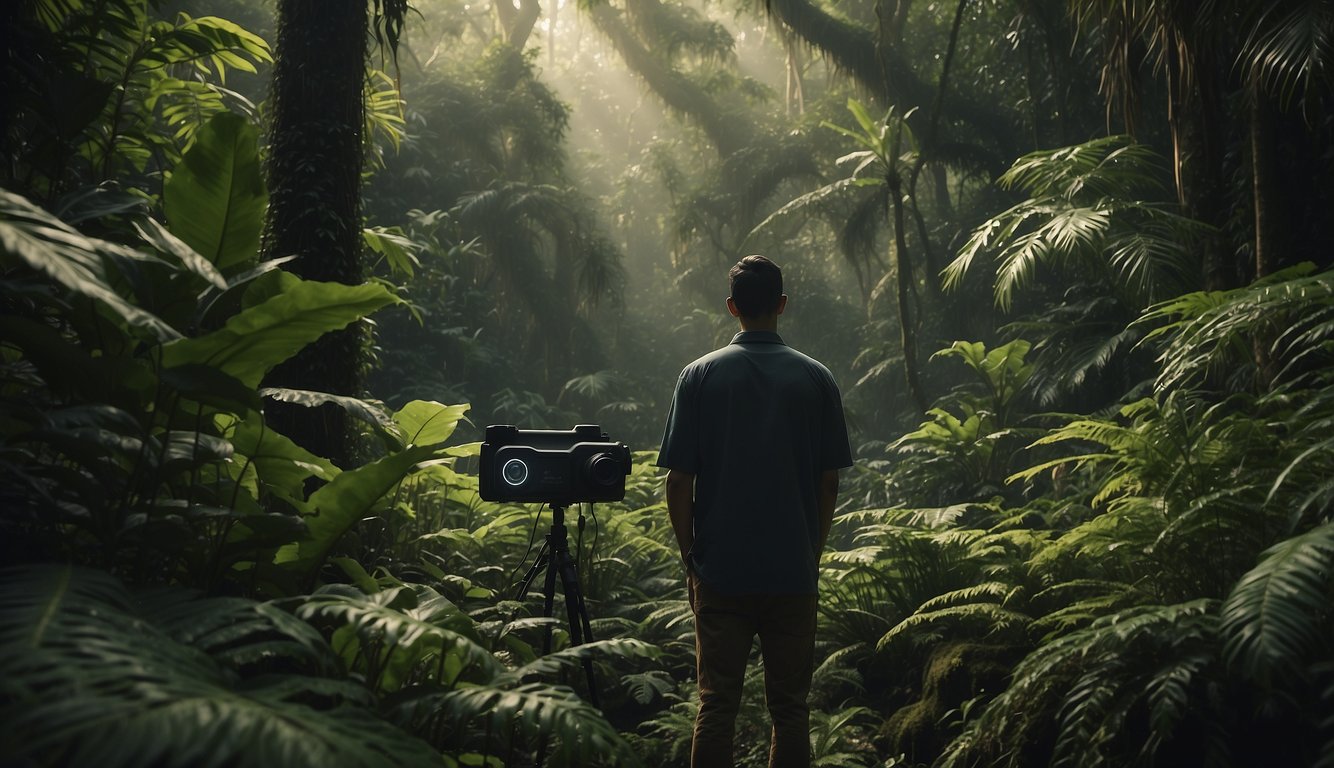 A remote jungle setting with dense foliage, a hidden surveillance camera, and a mysterious figure in the distance