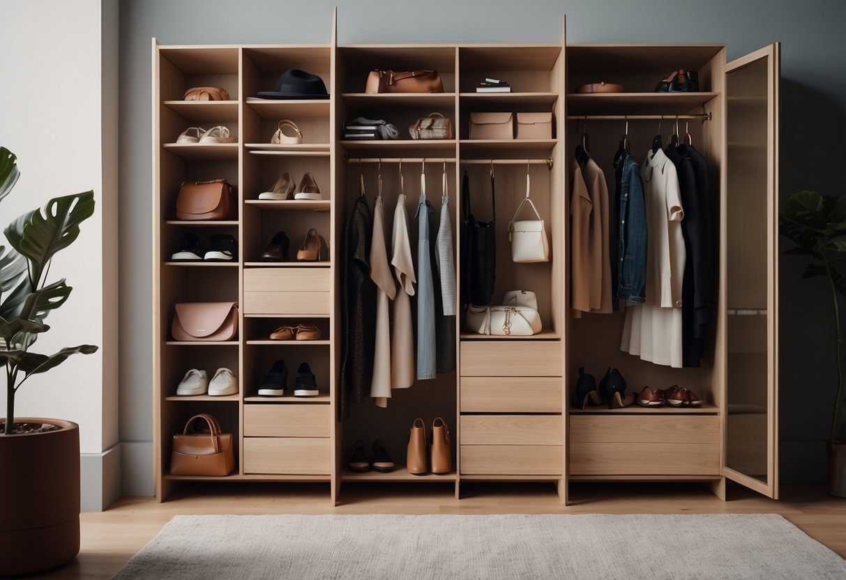 Eine minimalistische Garderobe mit 10 wichtigen Teilen, ordentlich organisiert in einem Schrank, umgeben von stilvollen Accessoires und Schuhen