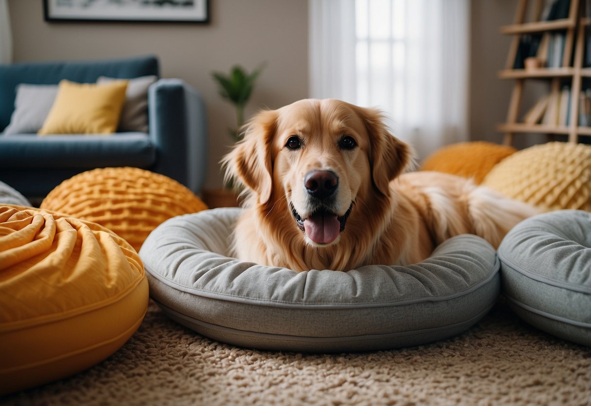 A living room with pillows, tunnels, hoops, and cones arranged for a golden retriever to navigate as part of an indoor agility course