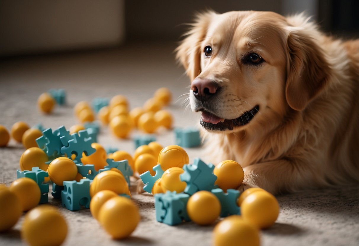 A golden retriever playing with a variety of toys and engaging in different indoor activities, such as puzzle games and hide-and-seek with treats