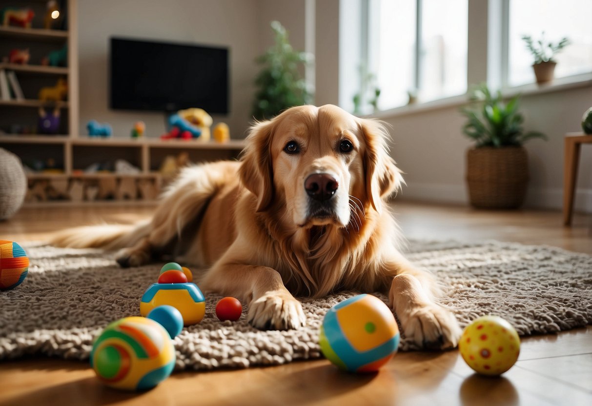 A golden retriever lies on a cozy rug, surrounded by toys and puzzle feeders. A window lets in natural light, and a variety of indoor activities are scattered around the room