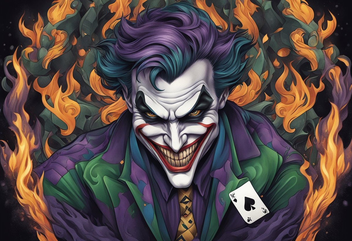 A joker tattoo with a sinister smile and playing card motifs, surrounded by flames and twisted, dark imagery