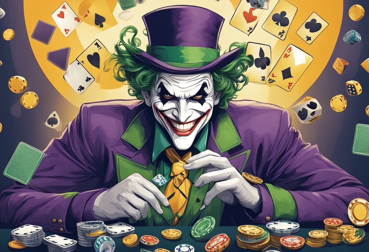 A joker's face with a sinister smile, surrounded by playing cards and dice, symbolizing luck and risk