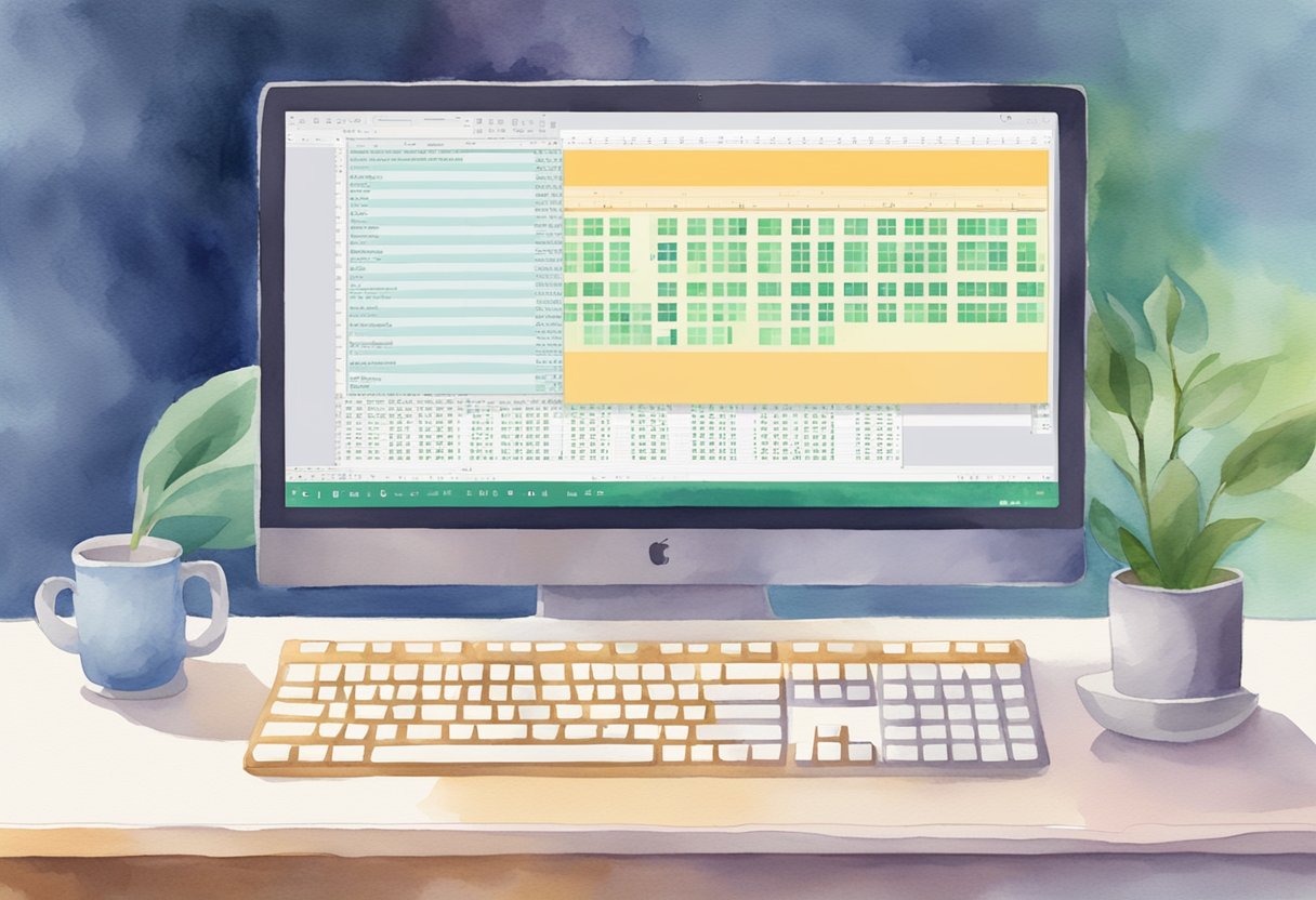 A computer screen with an Excel spreadsheet open, a VBA code editor window, and the user pressing keys on the keyboard