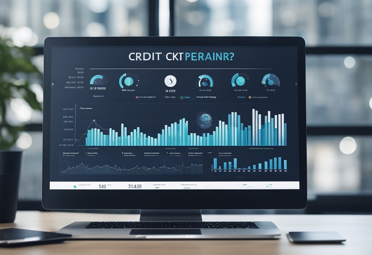 The AI credit repair software analyzes financial data, identifying errors and suggesting improvements. Graphs and charts display progress and potential outcomes