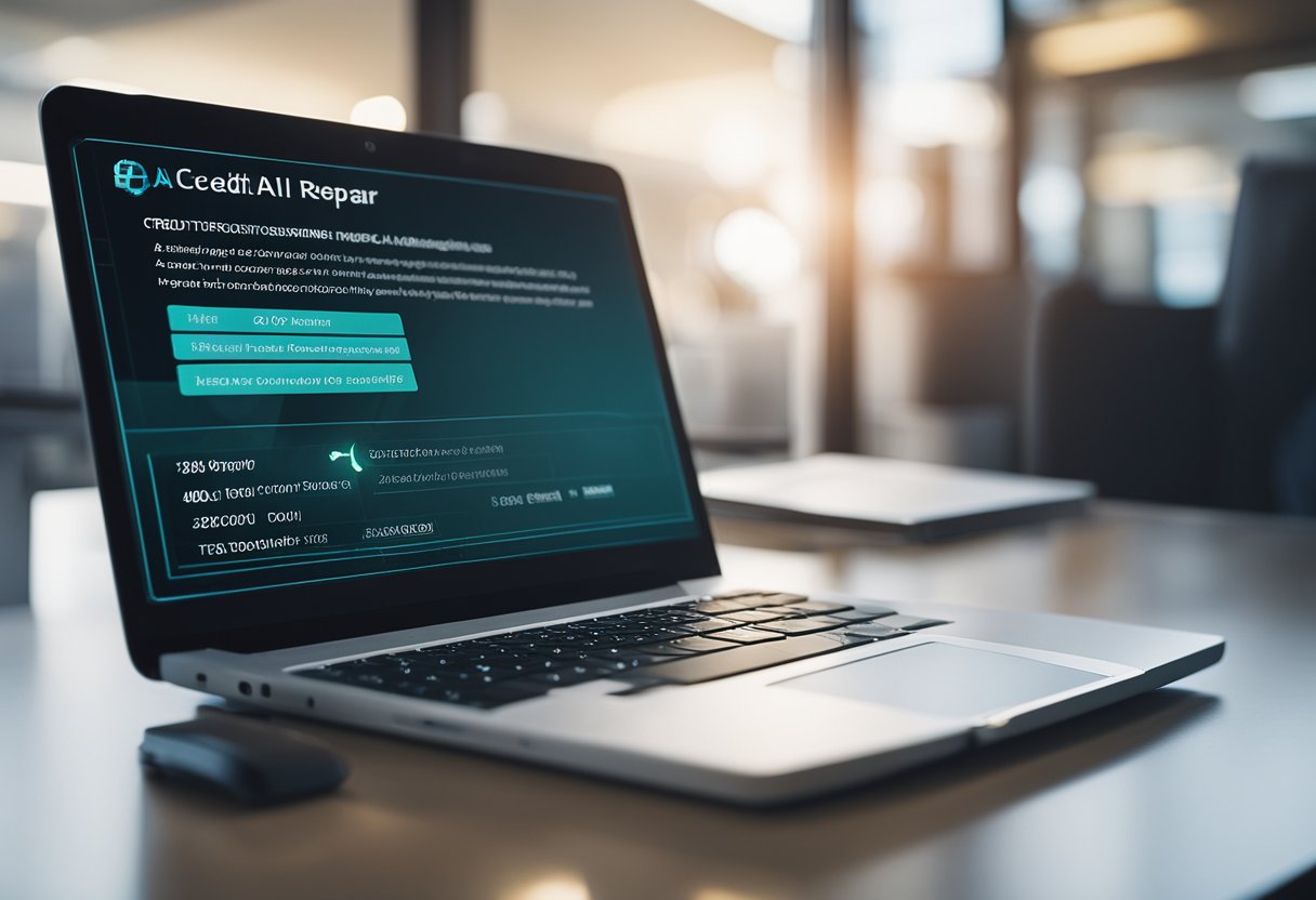 A computer screen displaying a secure AI credit repair software with a padlock icon and compliance regulations in the background