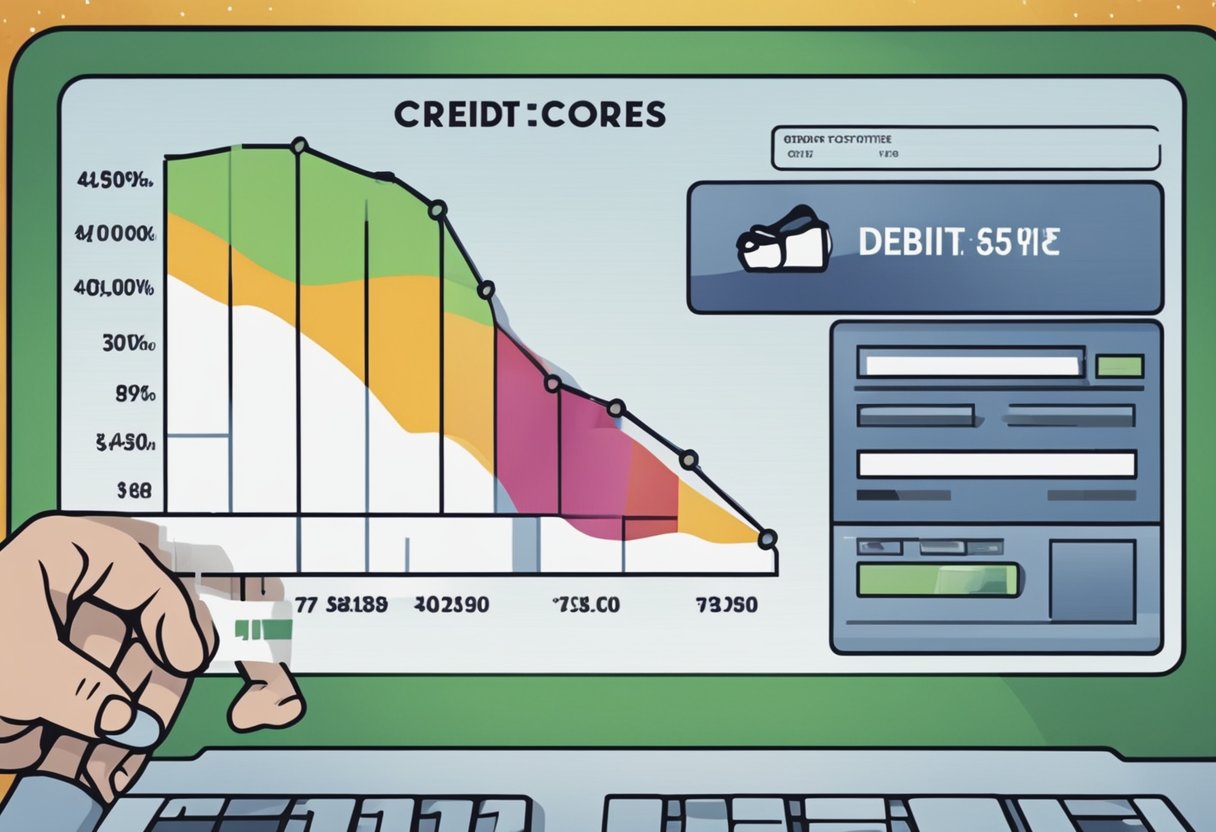 A computer screen displays a graph showing improved credit scores over time. A hand holds a credit card with a broken chain symbol, representing freedom from debt