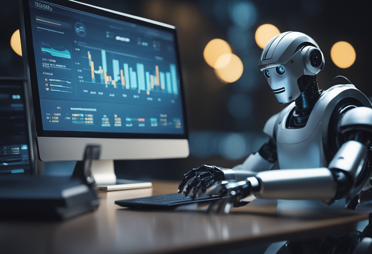 A futuristic robot analyzes financial data for credit repair