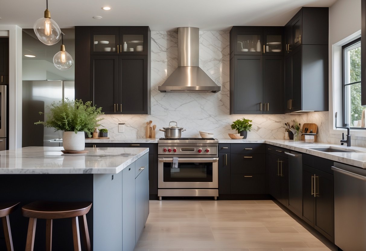 A modern kitchen with sleek cabinetry, marble countertops, and stainless steel appliances. Natural light floods the space, highlighting the minimalist design and pops of color from decorative accents