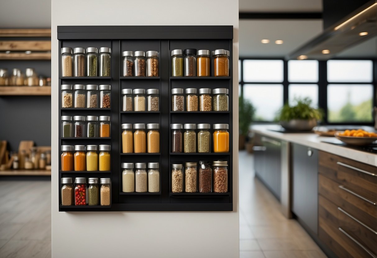 A kitchen wall with 10 wall-mounted spice racks filled with various spices and herbs