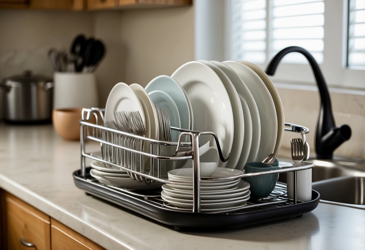 A compact dish drying rack sits on a countertop, surrounded by neatly stacked plates, bowls, and utensils. The kitchen is small but organized, with minimal clutter and efficient use of space