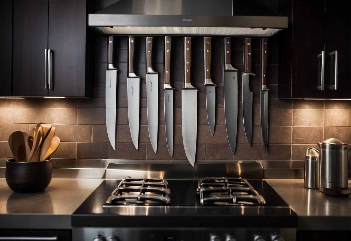 A magnetic knife strip hangs on a tiled kitchen wall, holding a variety of knives in different sizes and shapes. The strip is mounted above a sleek countertop with stainless steel appliances and wooden cabinets