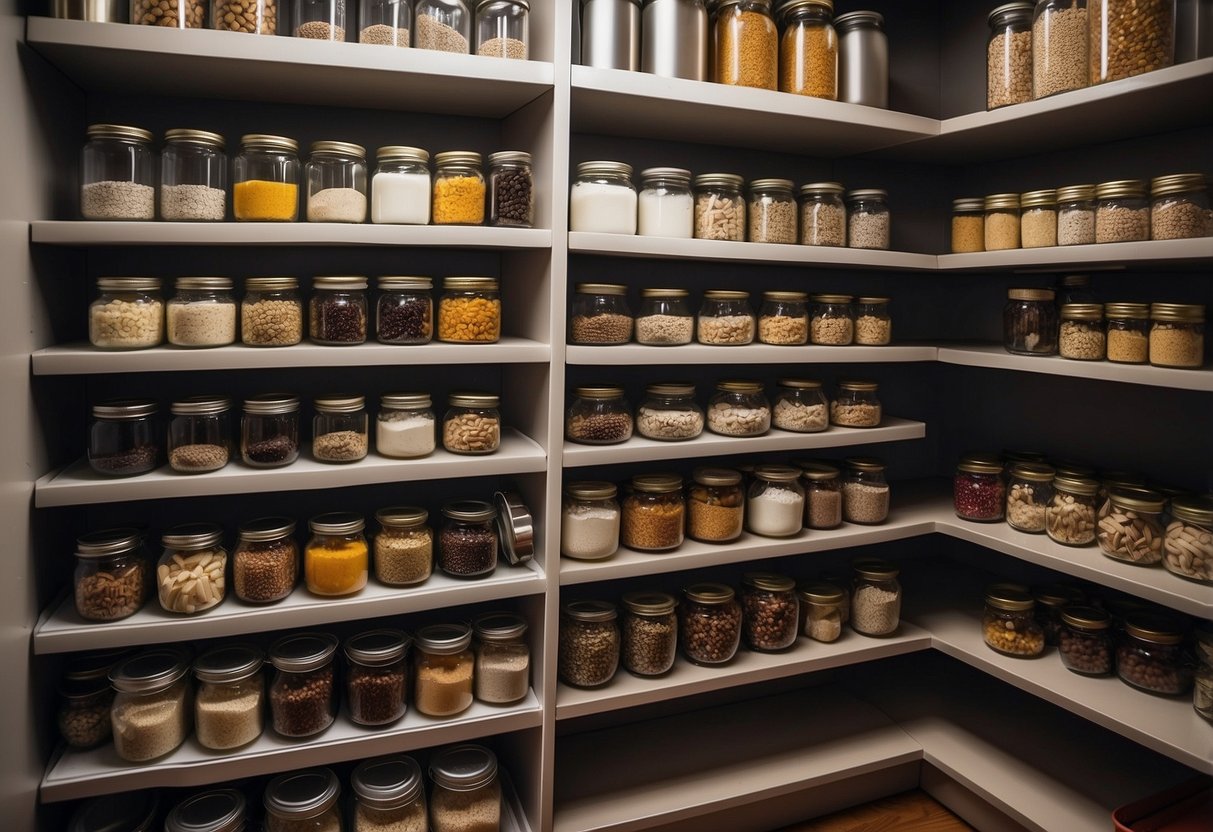 Pull-out pantry shelves filled with neatly organized jars, cans, and boxes. The shelves are sleek and modern, providing efficient storage in a small apartment kitchen