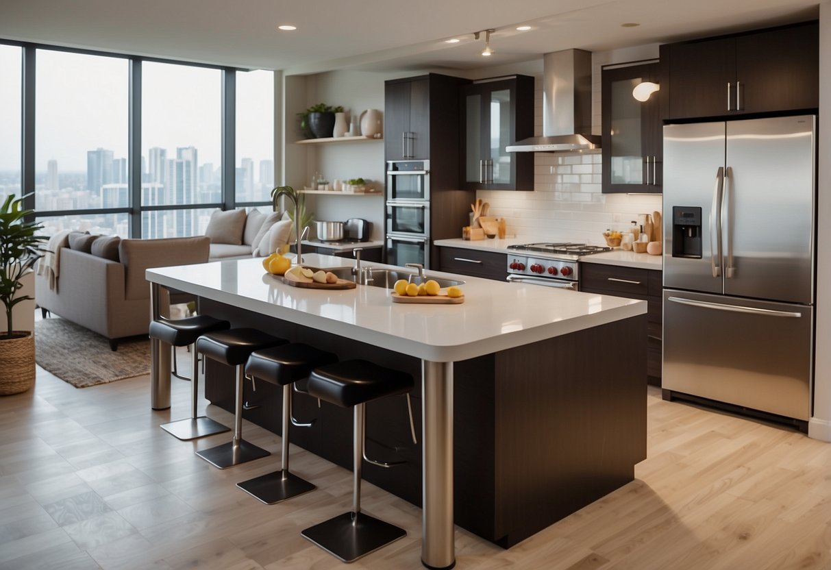 A rolling kitchen island sits in the center of a modern apartment kitchen, surrounded by sleek countertops and stainless steel appliances