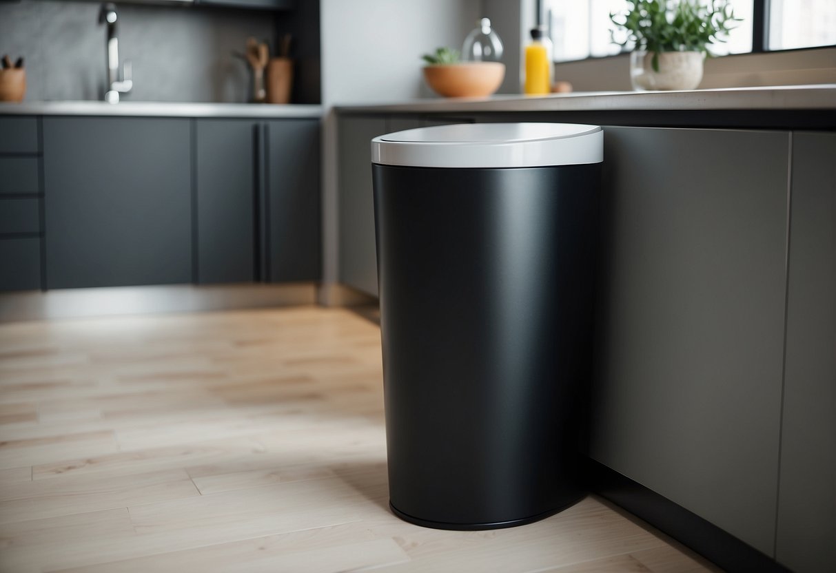 A slim trash can sits neatly in a modern apartment kitchen, surrounded by sleek countertops and minimalist decor