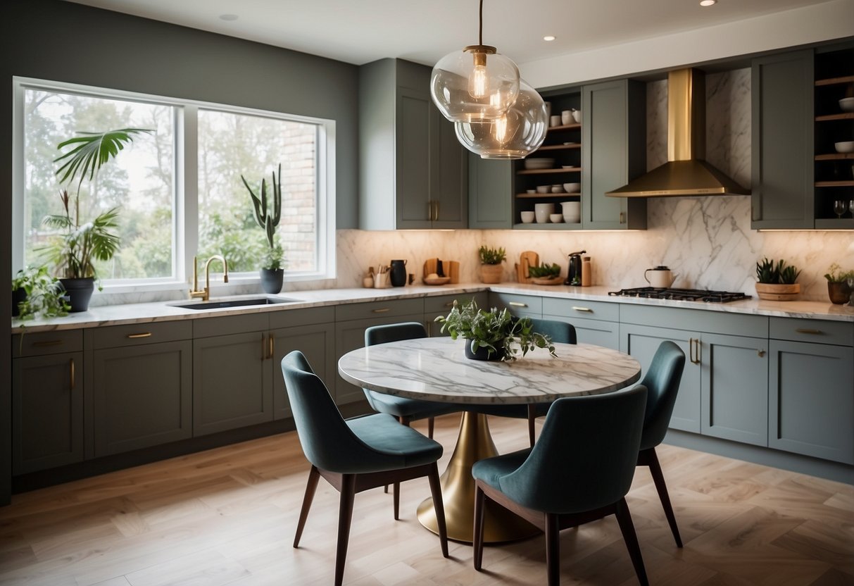 A modern kitchen with sleek cabinets, marble countertops, and pendant lighting. A cozy breakfast nook with a round table and upholstered chairs. Plants and artwork add a personal touch